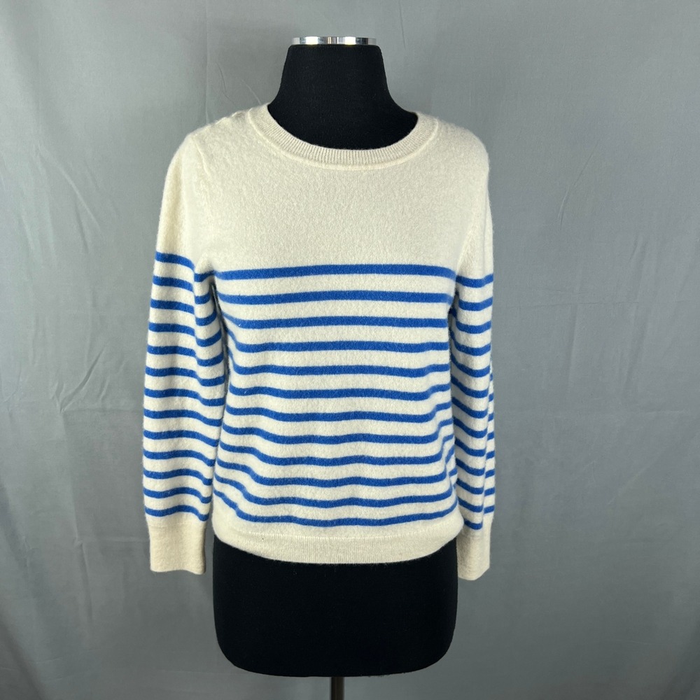 Cynthia Rowley Sweater Womens XL Beige Blue Striped Cashmere Ribbed Tight Knit